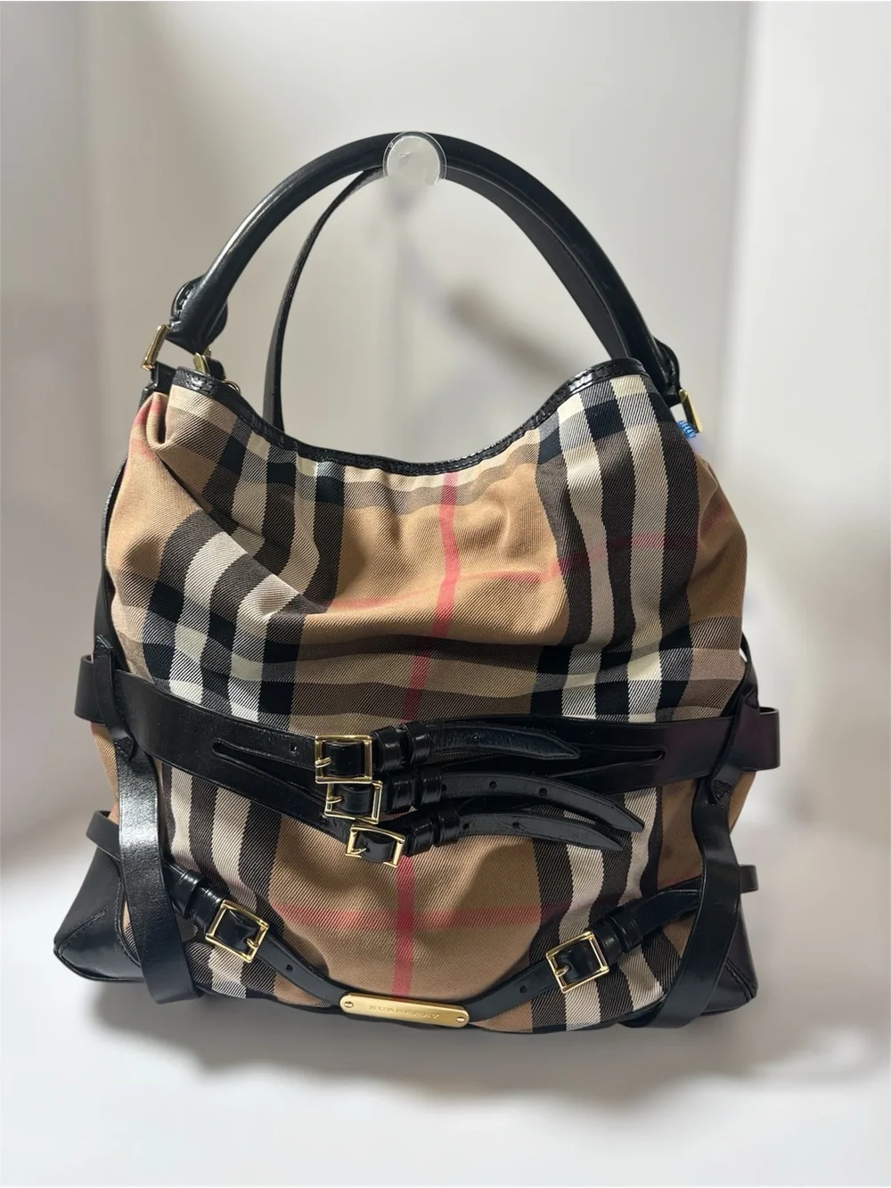 Burberry Nova Check Belted Slouchy Hobo Shoulder Bag Belted Buckles